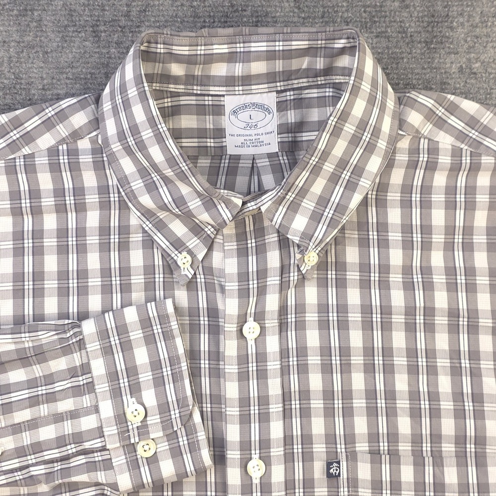 Brooks Brothers Shirt Large Slim Fit Long Sleeve Button Down Gray Plaid 346